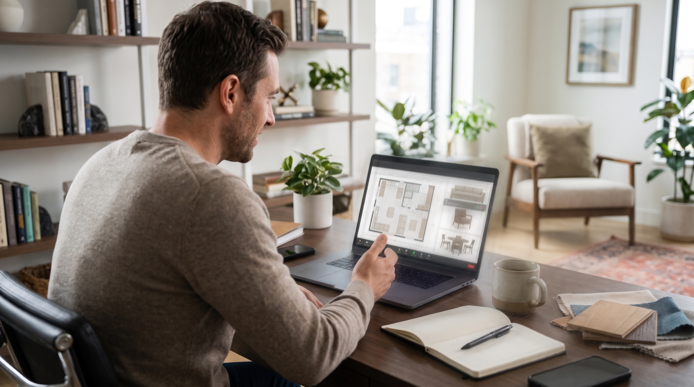 Client reviewing a furniture floor plan on a laptop