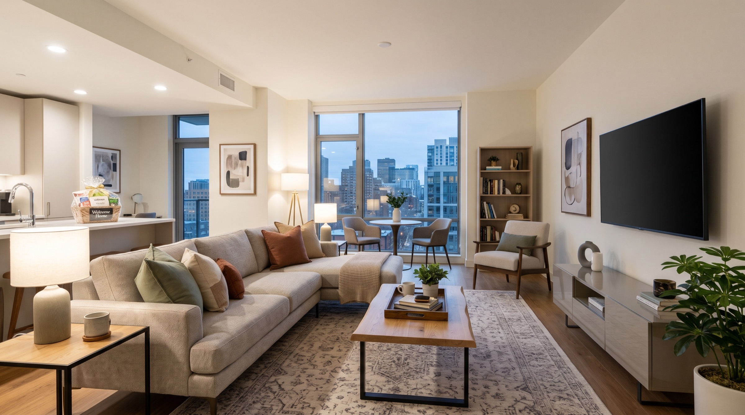 Furnished executive apartment living room with city views